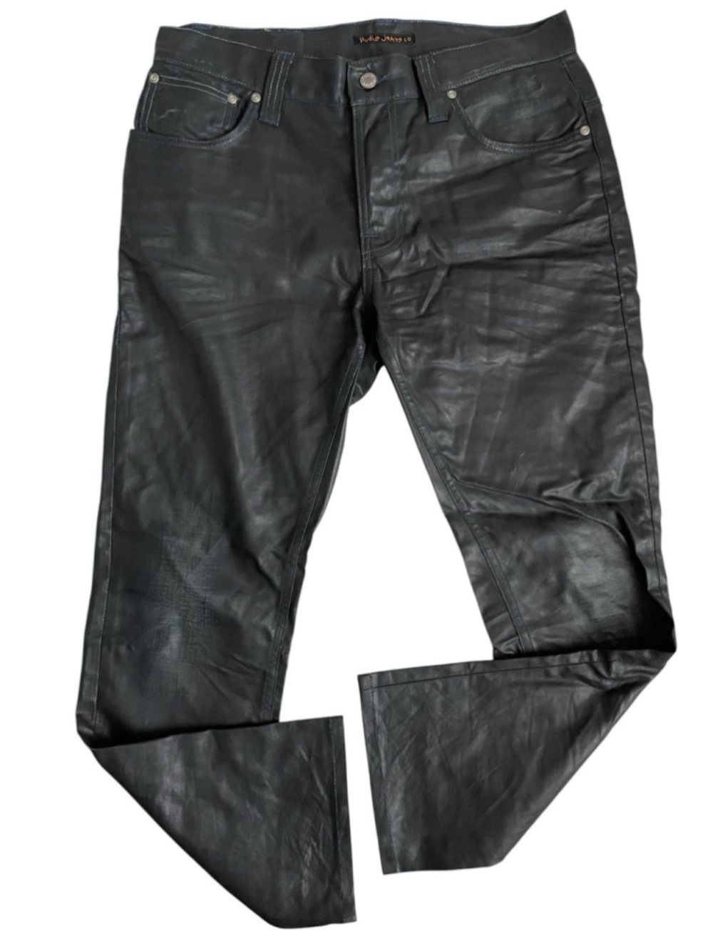 Nudie Jeans Thin Finn Mens 33X30 Black Coated Waxed Denim Pants Regular Straight